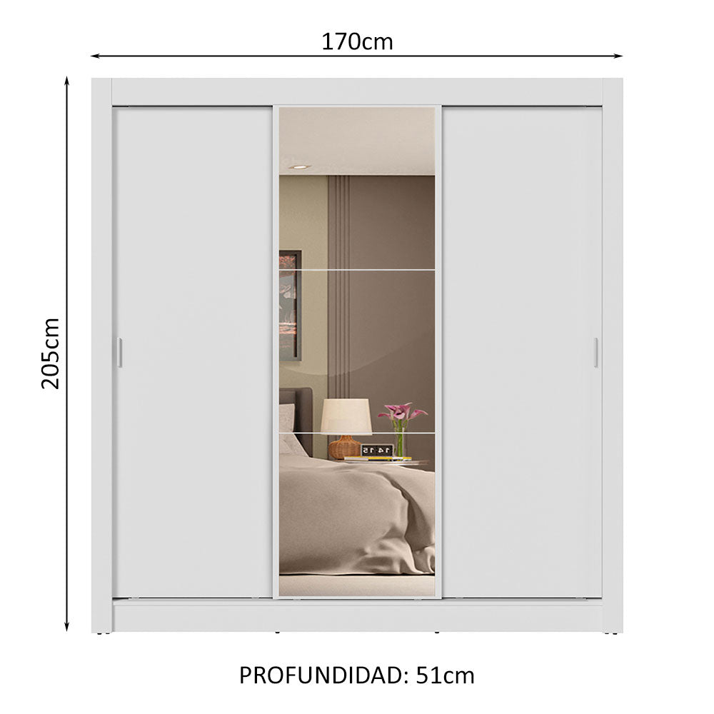 Clóset Matrimonial 170 cm 3 Puertas Corredizas 4 Cajones Con 1 Espejo Blanco Sublime Madesa