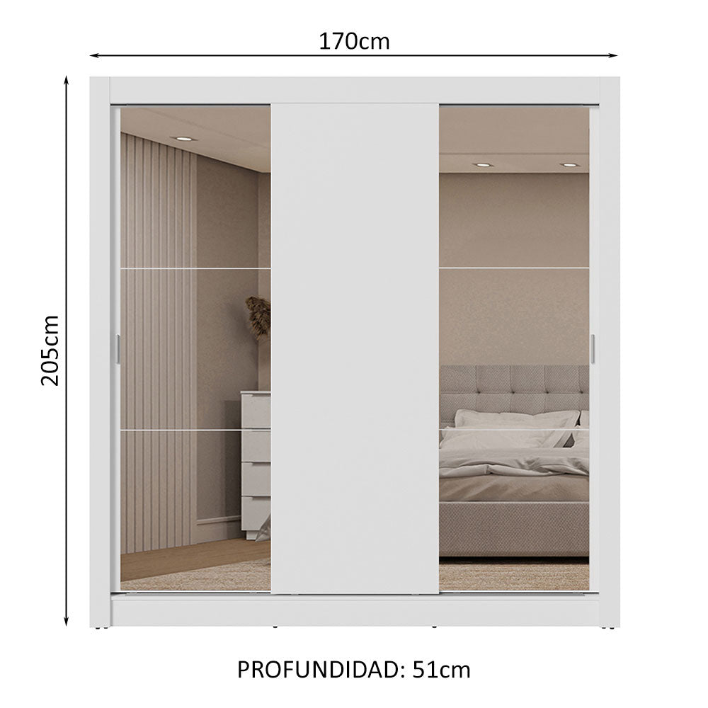 Clóset Matrimonial 170 cm 3 Puertas Corredizas Con 2 Espejos 2 Cajones Blanco Sublime Madesa