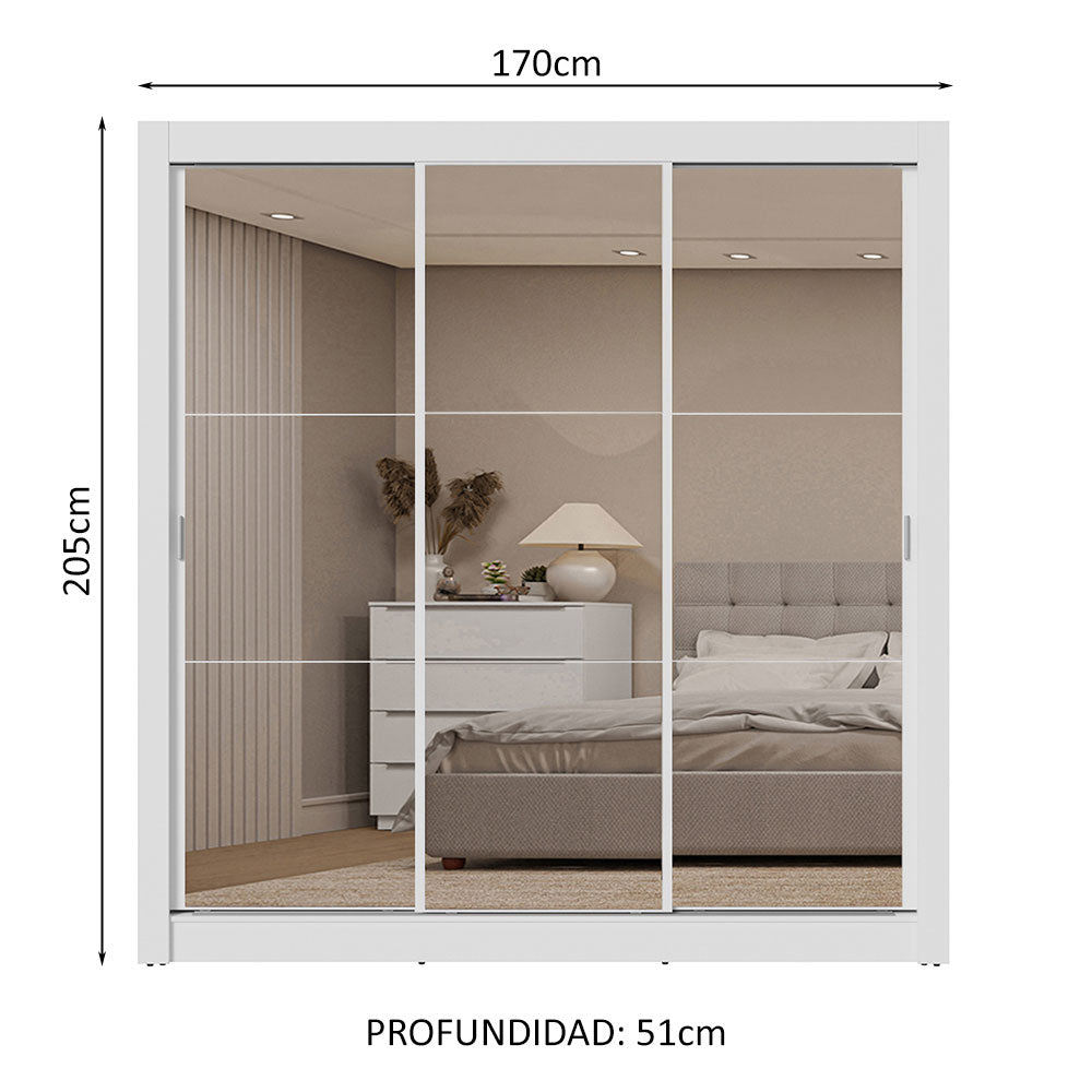 Clóset Matrimonial 170 cm 3 Puertas Corredizas Con 3 Espejos 2 Cajones Blanco Sublime Madesa