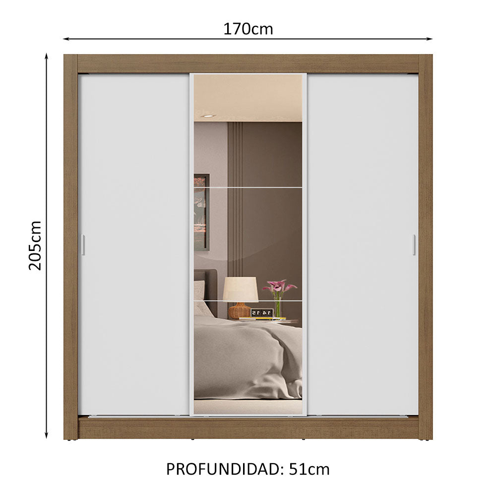 Clóset Matrimonial 170 cm 3 Puertas Corredizas 4 Cajones Con 1 Espejo Marrón/Blanco Sublime Madesa