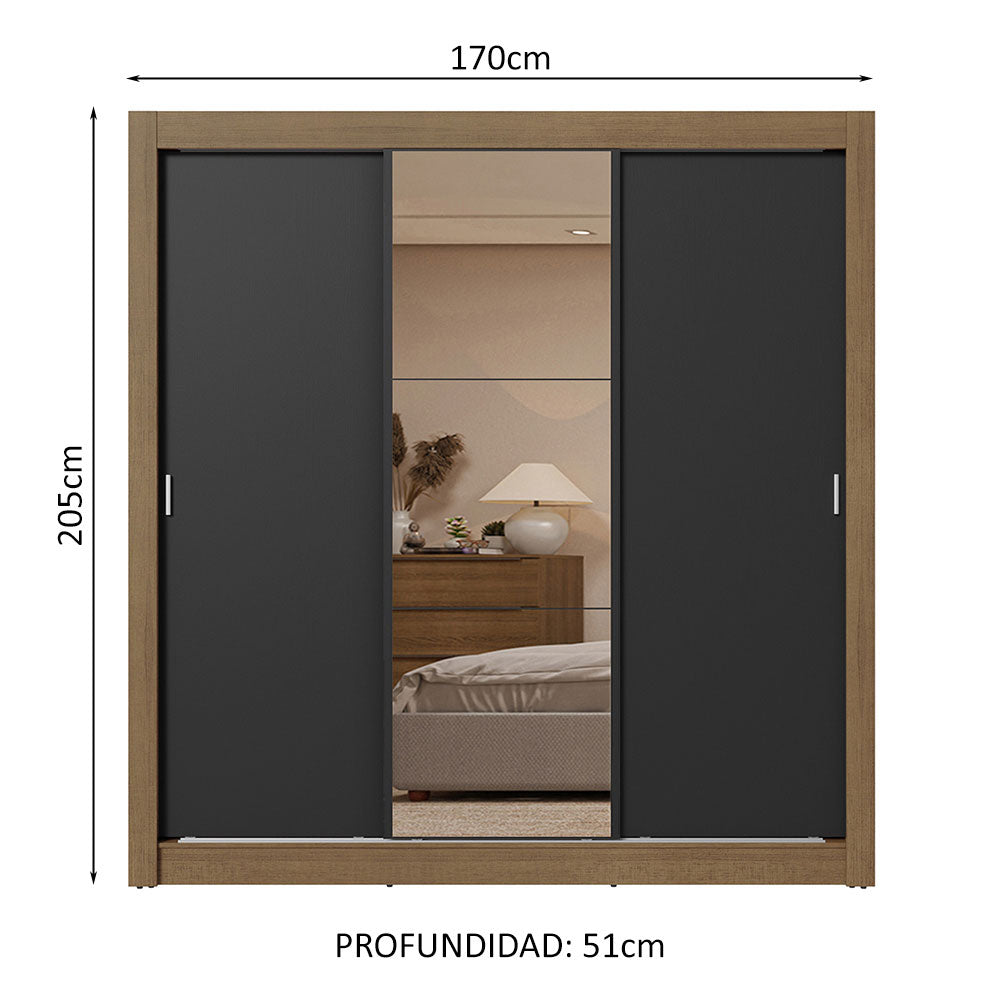 Clóset Matrimonial 170 cm 3 Puertas Corredizas Con 1 Espejo 2 Cajones Marrón/Negro Sublime Madesa