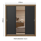 Clóset Matrimonial 170 cm 3 Puertas Corredizas Con 1 Espejo 2 Cajones Marrón/Negro Sublime Madesa