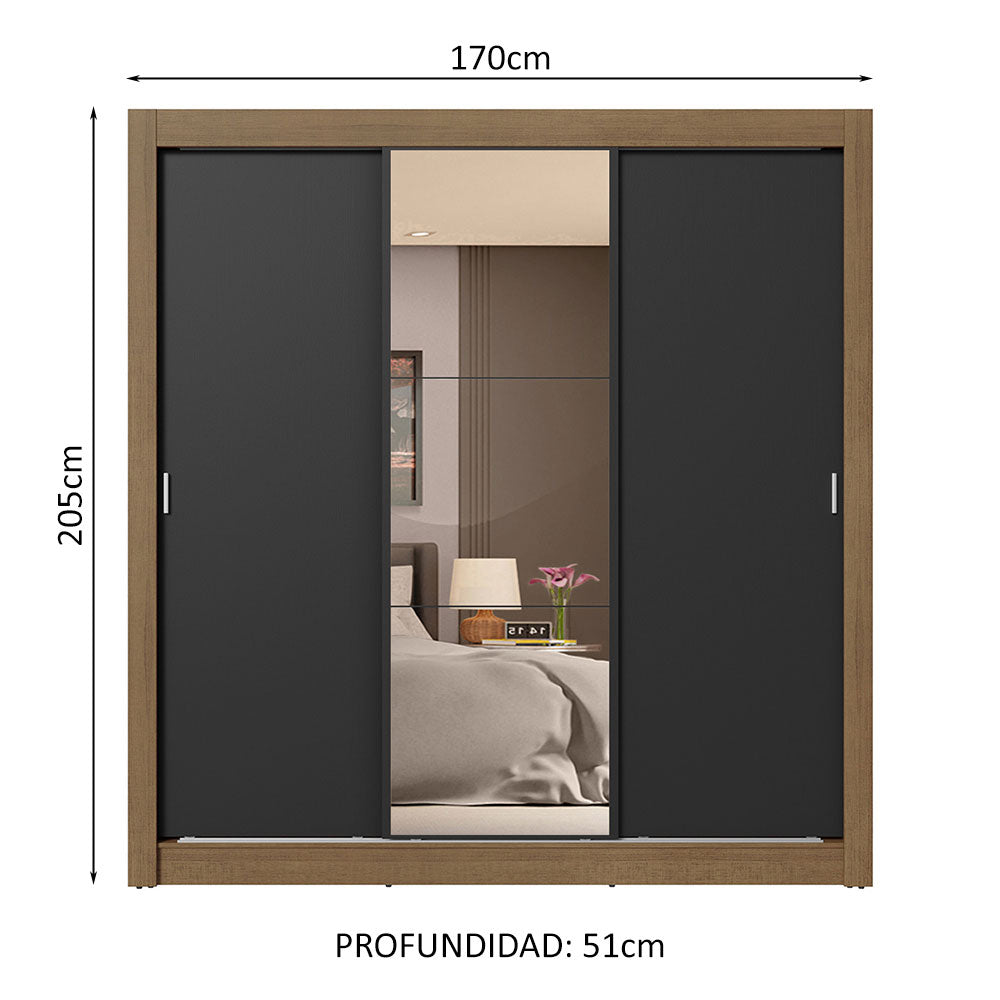 Clóset Matrimonial 170 cm 3 Puertas Corredizas 4 Cajones Con 1 Espejo Marrón/Negro Sublime Madesa