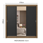 Clóset Matrimonial 170 cm 3 Puertas Corredizas 4 Cajones Con 1 Espejo Marrón/Negro Sublime Madesa