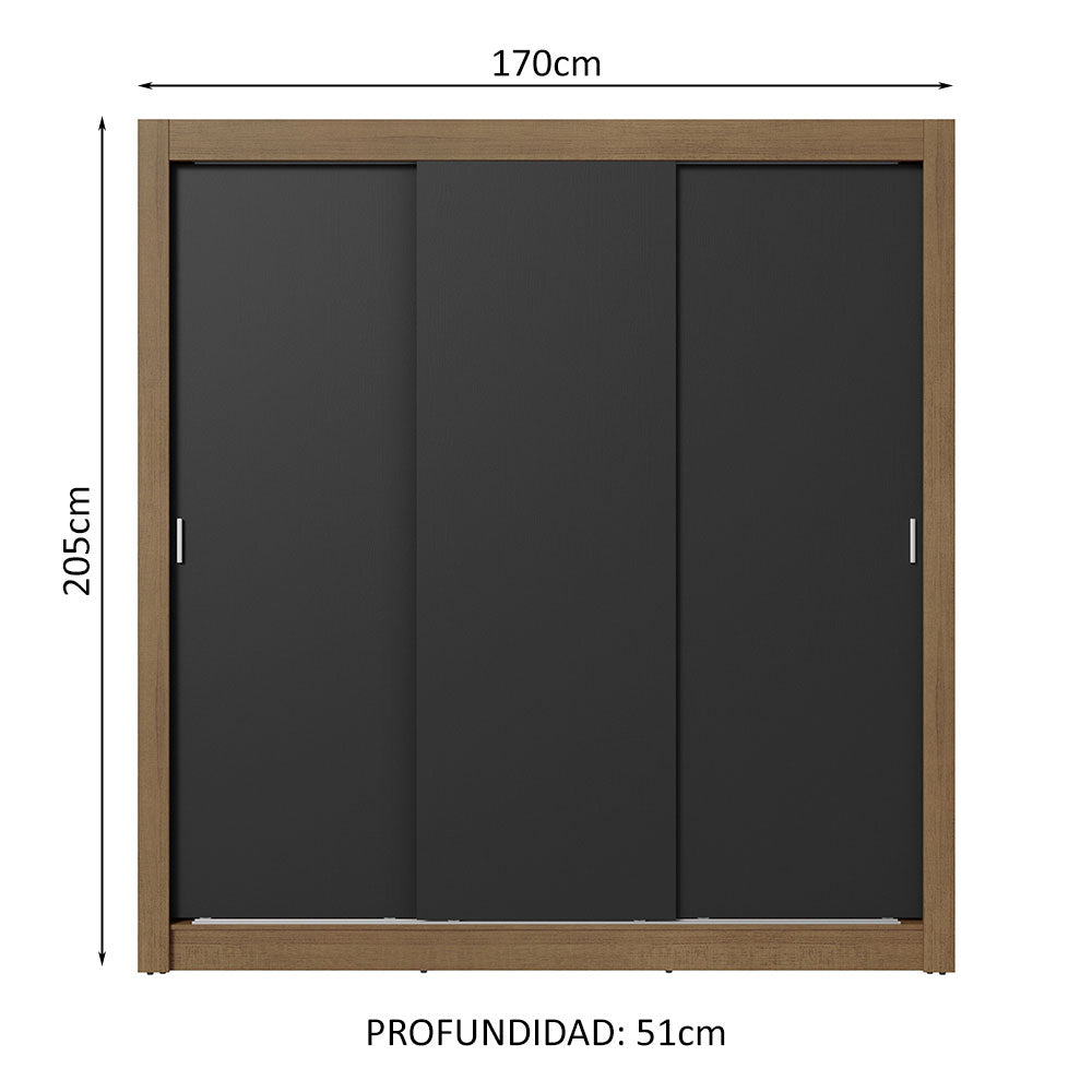 Clóset Matrimonial 170 cm 3 Puertas Corredizas 2 Cajones Marrón/Negro Sublime Madesa