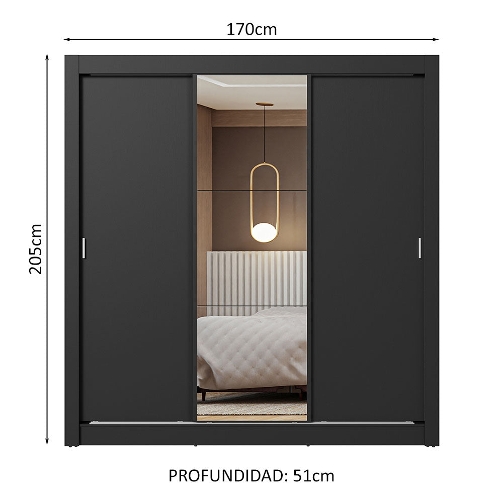 Clóset Matrimonial 170 cm 3 Puertas Corredizas Con 1 Espejo Negro Nobre Madesa