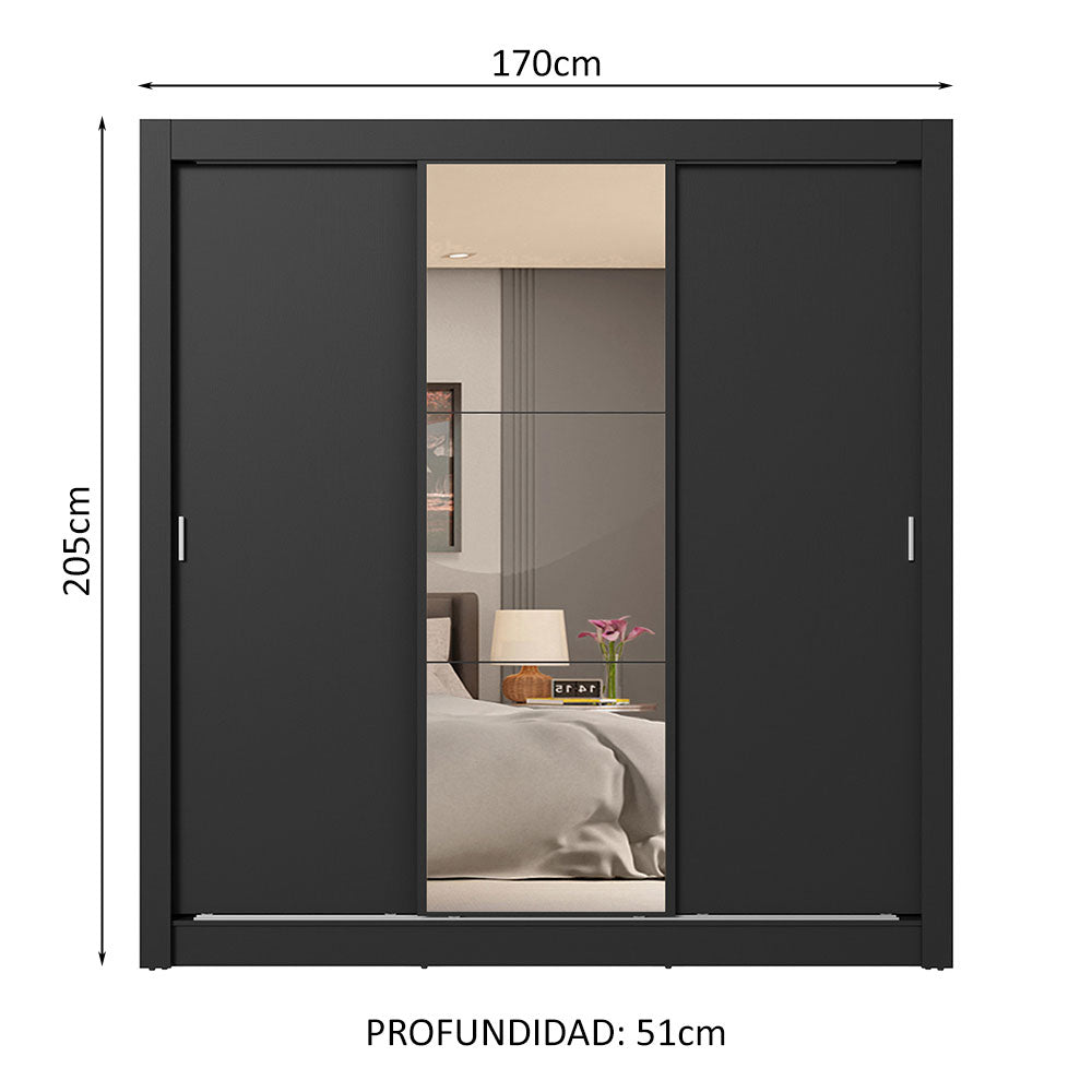 Clóset Matrimonial 170 cm 3 Puertas Corredizas 4 Cajones Con 1 Espejo Negro Sublime Madesa