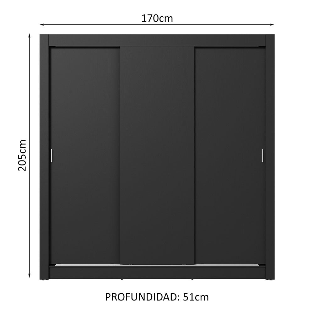 Clóset Matrimonial 170 cm 3 Puertas Corredizas 2 Cajones Negro Sublime Madesa