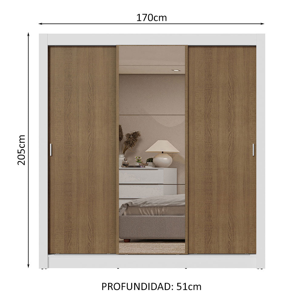 Clóset Matrimonial 170 cm 3 Puertas Corredizas Con 1 Espejo 2 Cajones Blanco/Marrón Sublime Madesa