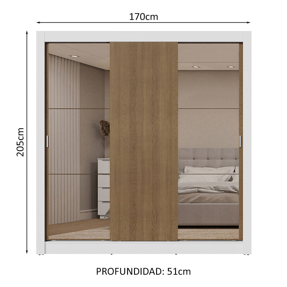 Clóset Matrimonial 170 cm 3 Puertas Corredizas Con 2 Espejos 2 Cajones Blanco/Marrón Sublime Madesa