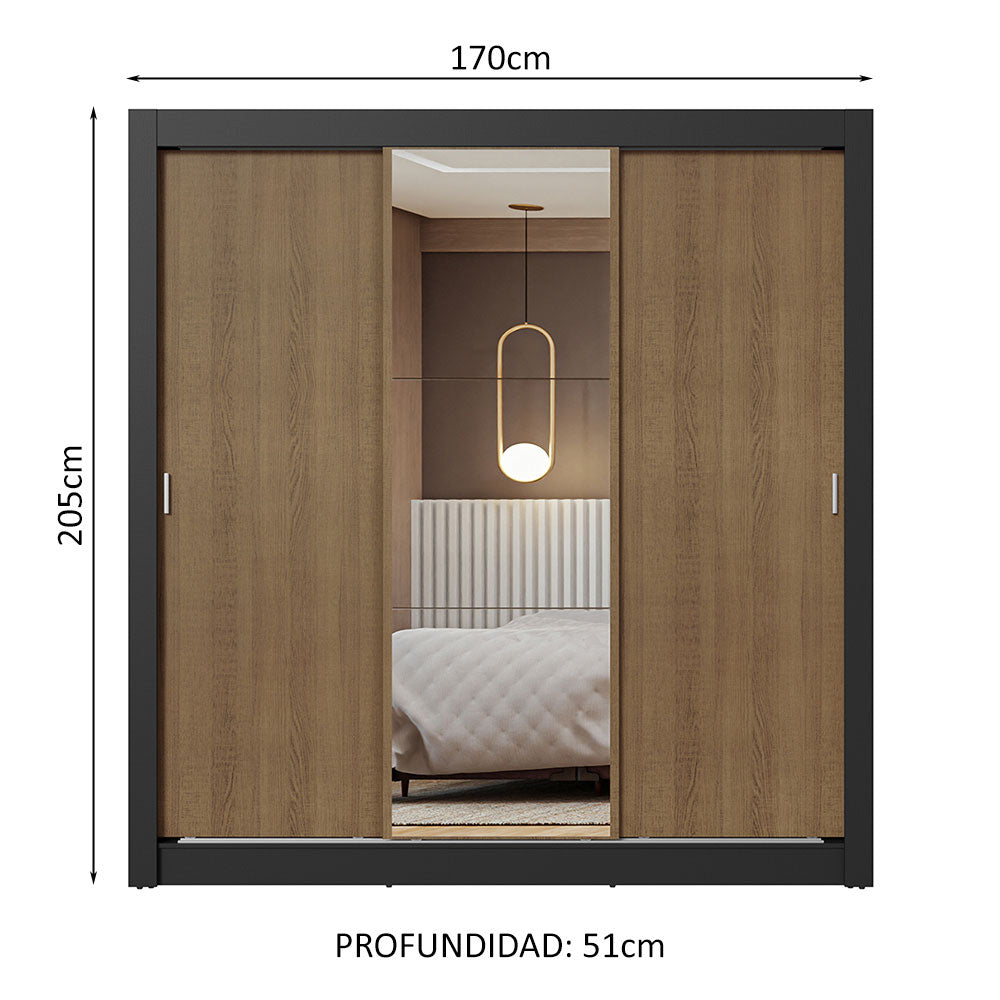 Clóset Matrimonial 170 cm 3 Puertas Corredizas Con 1 Espejo Negro/Marrón Nobre Madesa