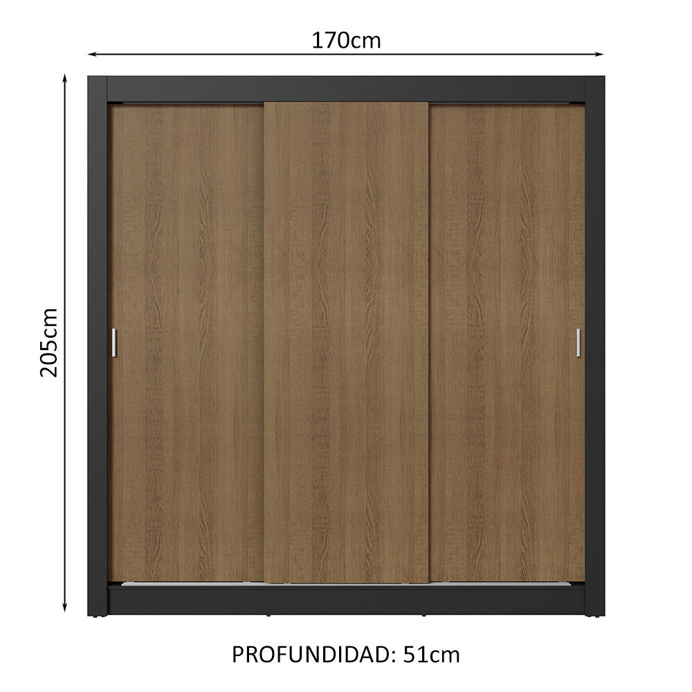 Clóset Matrimonial 170 cm 3 Puertas Corredizas 2 Cajones Negro/Marrón Sublime Madesa