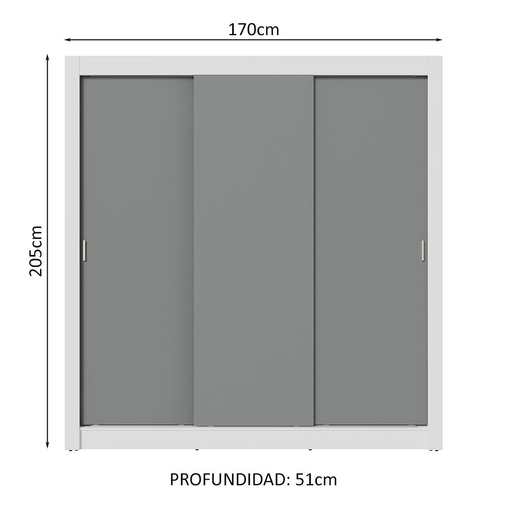 Clóset Matrimonial 170 cm 3 Puertas Corredizas 2 Cajones Blanco/Gris Sublime Madesa