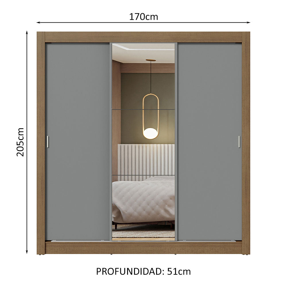 Clóset Matrimonial 170 cm 3 Puertas Corredizas Con 1 Espejo Marrón/Gris Nobre Madesa