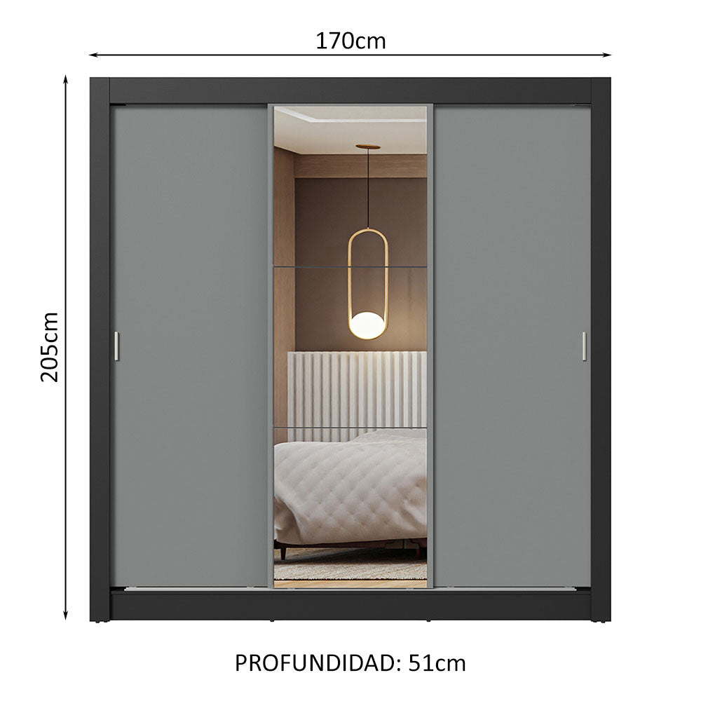 Clóset Matrimonial 170 cm 3 Puertas Corredizas Con 1 Espejo Marrón/Gris Nobre Madesa