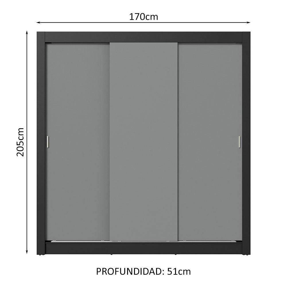Clóset Matrimonial 170 cm 3 Puertas Corredizas 2 Cajones Negro/Gris Sublime Madesa