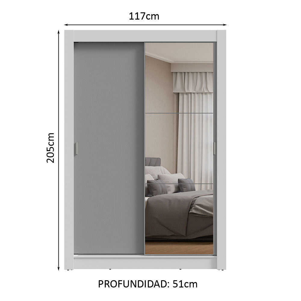 Clóset Soltero 117 cm 2 Puertas Corredizas Con 1 Espejo Blanco/Gris Milano Madesa