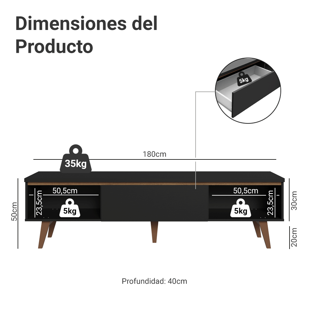 Mueble para TV hasta 80 Pulgadas 180 cm 2 Puertas 1 Cajón Negro Reims Madesa