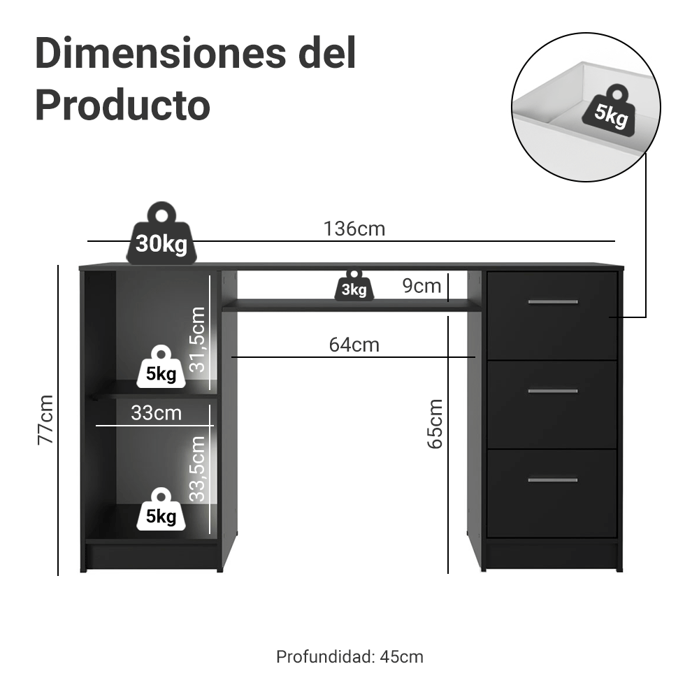 Escritorio para PC 3 Cajones 1 Puerta Negro Alaska