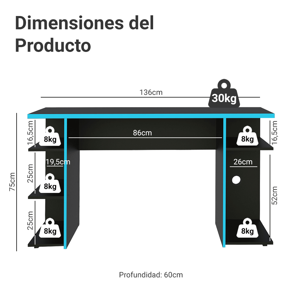 Escritorio Gamer 136 cm Negro/Azul Madesa