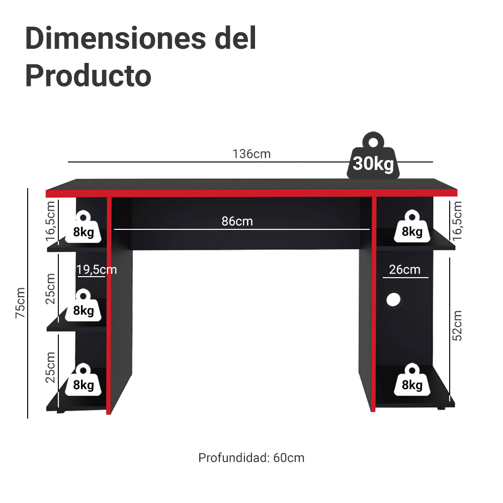 Escritorio Gamer 136 cm Negro/Rojo Madesa