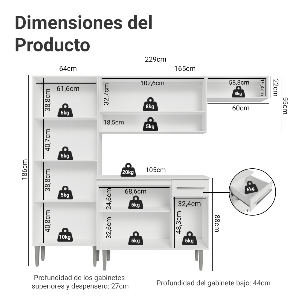 Cocina Compacta 229cm Blanco Emilly Top