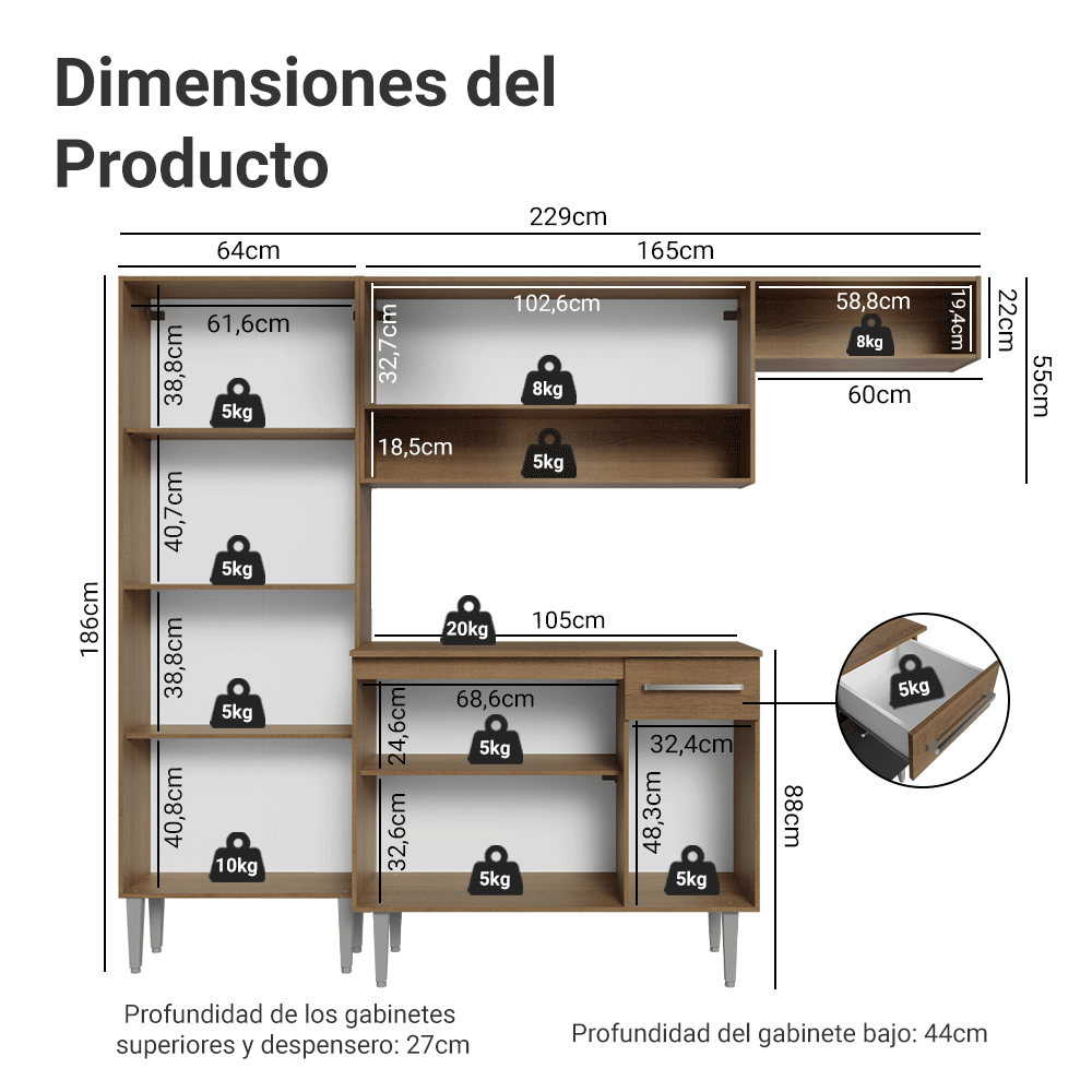 Cocina Compacta 229cm Marrón/Negro Emilly Top
