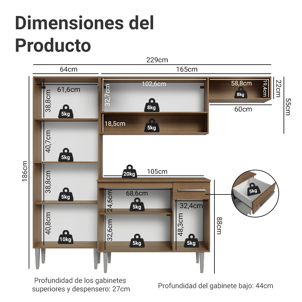 Cocina Compacta 229cm Marrón/Gris Emilly Top