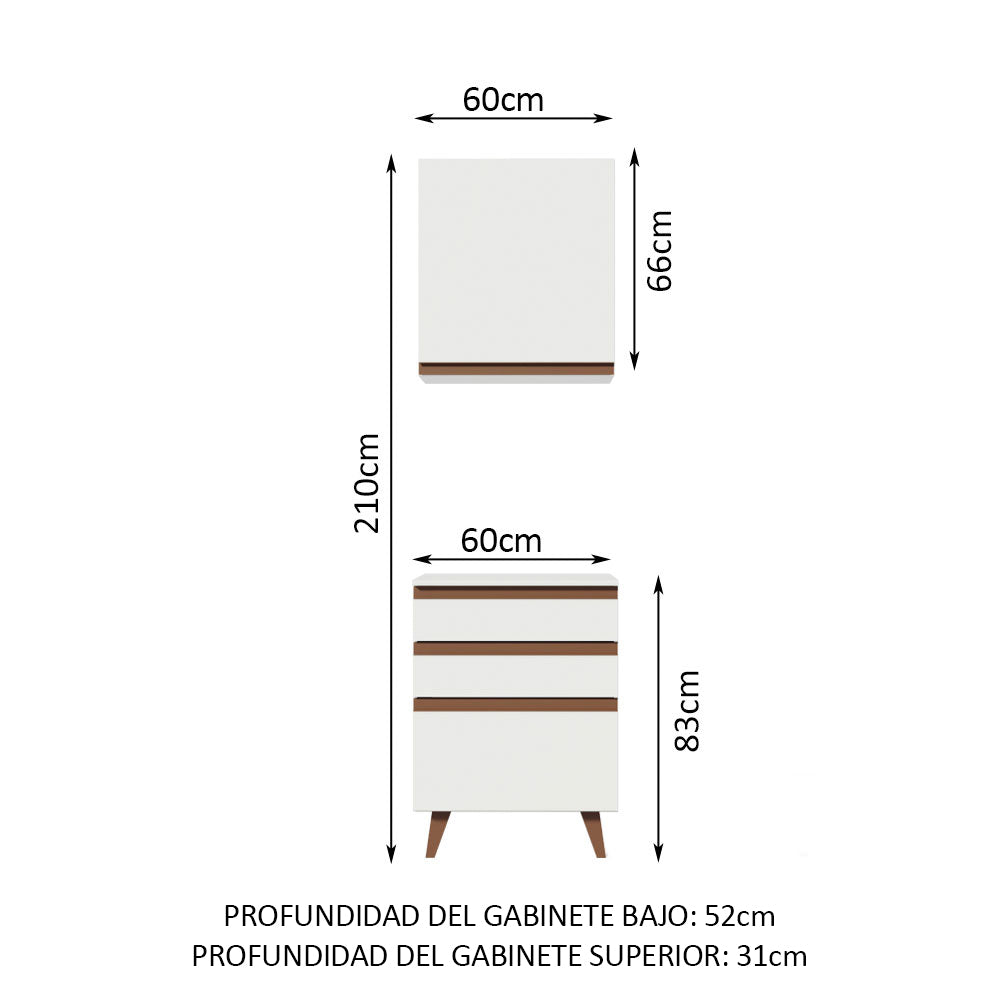 Kit Reims 60 cm con Gabinete Superior y Bajo con 3 Cajones Blanco