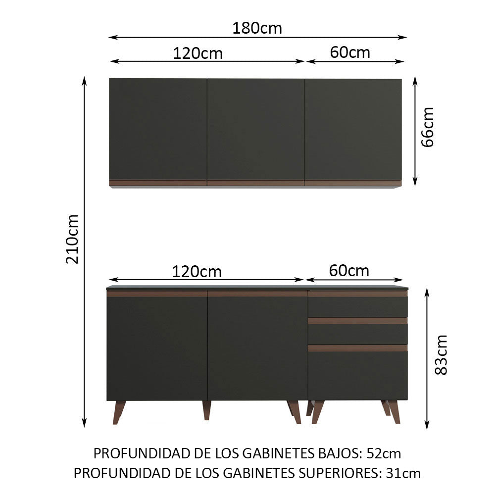 Cocina Compacta 180 x 52 cm 5 Puertas 3 Cajones Negro Reims Madesa
