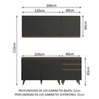 Cocina Compacta 180 x 52 cm 5 Puertas 3 Cajones Negro Reims Madesa