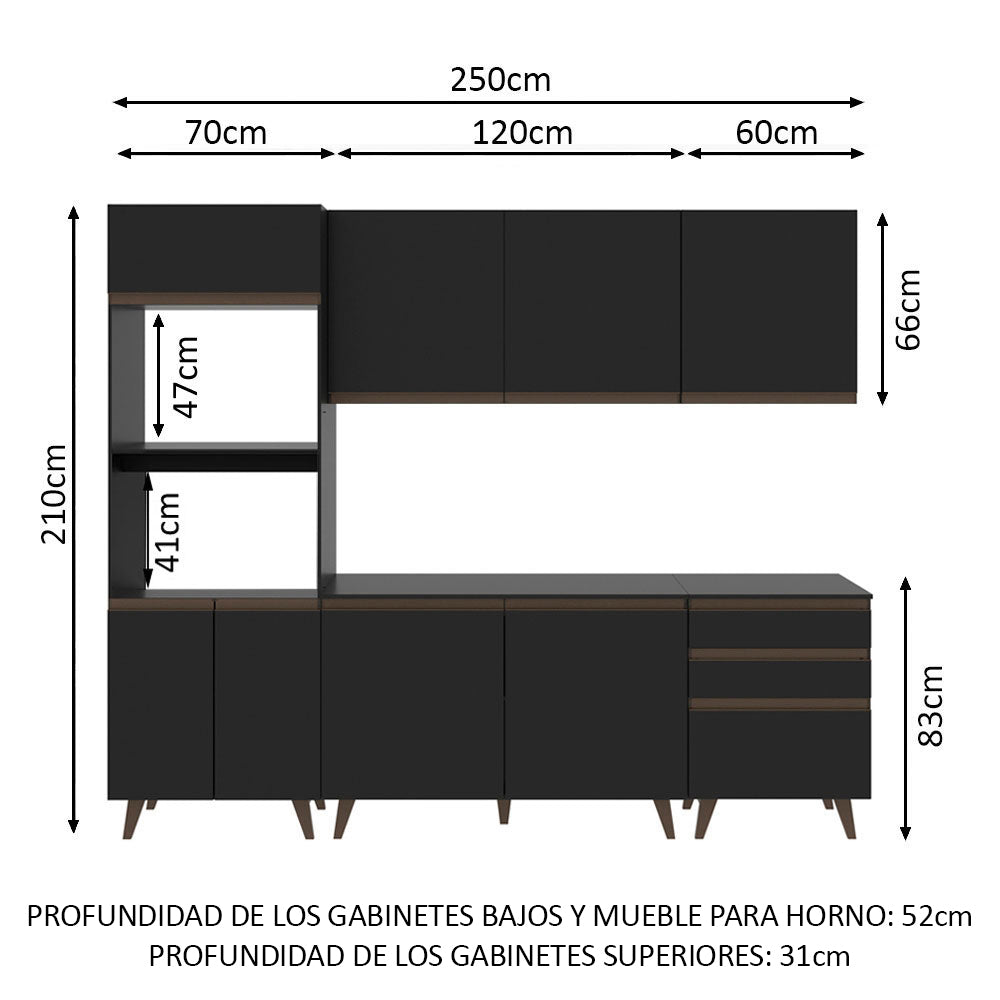 Cocina Compacta 250 cm con Mueble para Horno Negro Reims Madesa