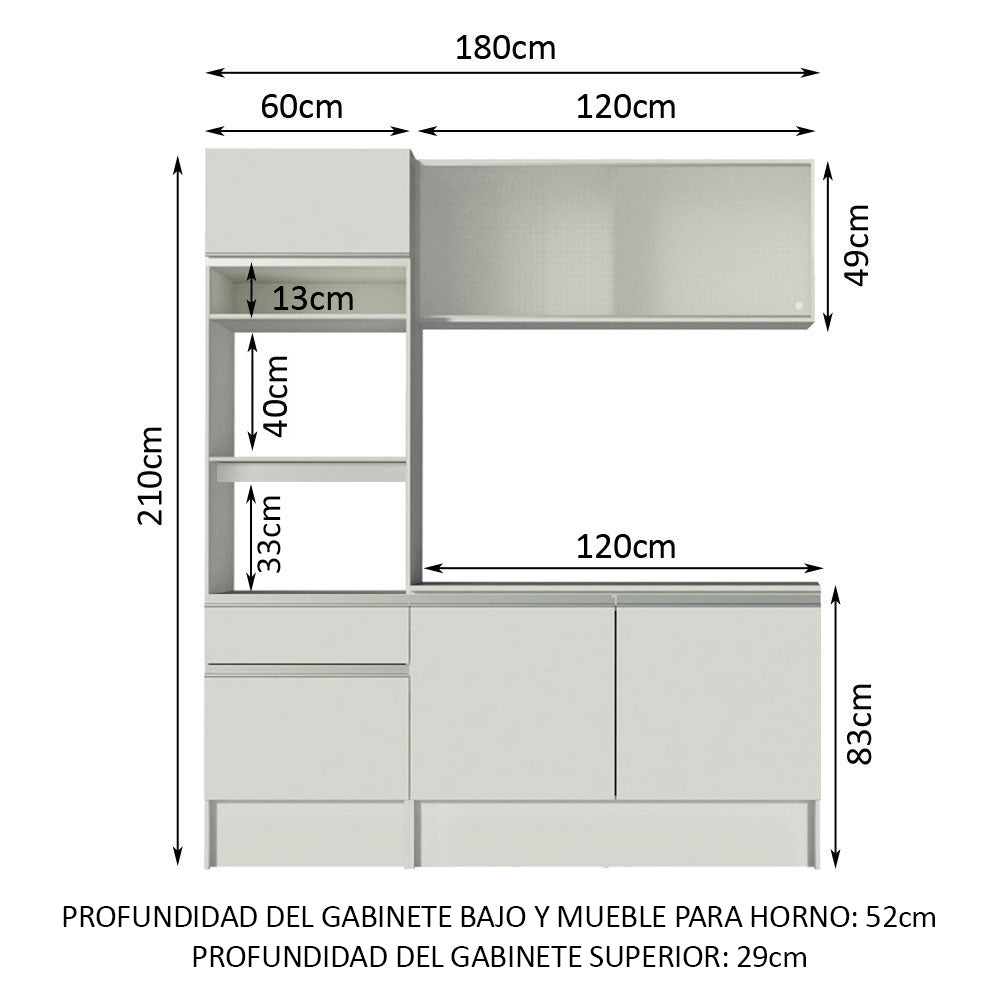 Cocina Compacta 180 x 52 cm 5 Puertas 2 Cajónes con Mueble para Horno Blanco Topázio Madesa