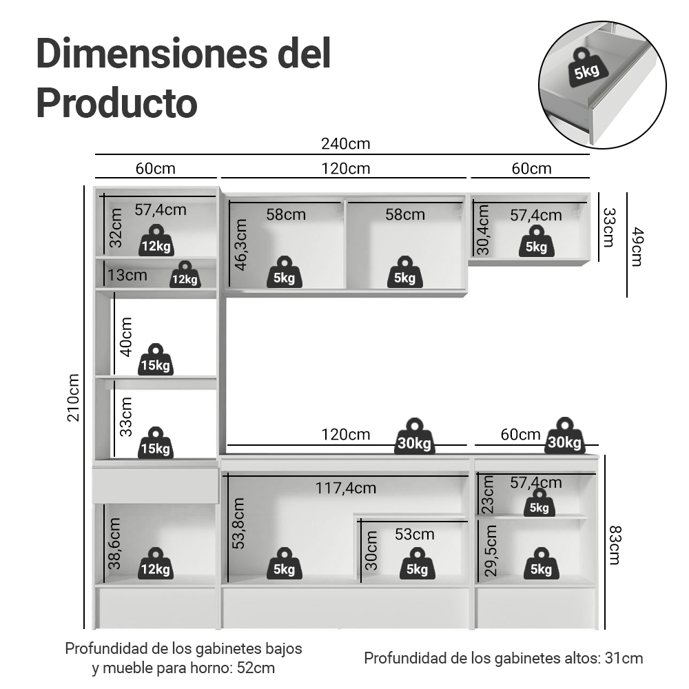 Cocina Compacta 240 cm con Mueble para Horno Blanco Topázio Madesa
