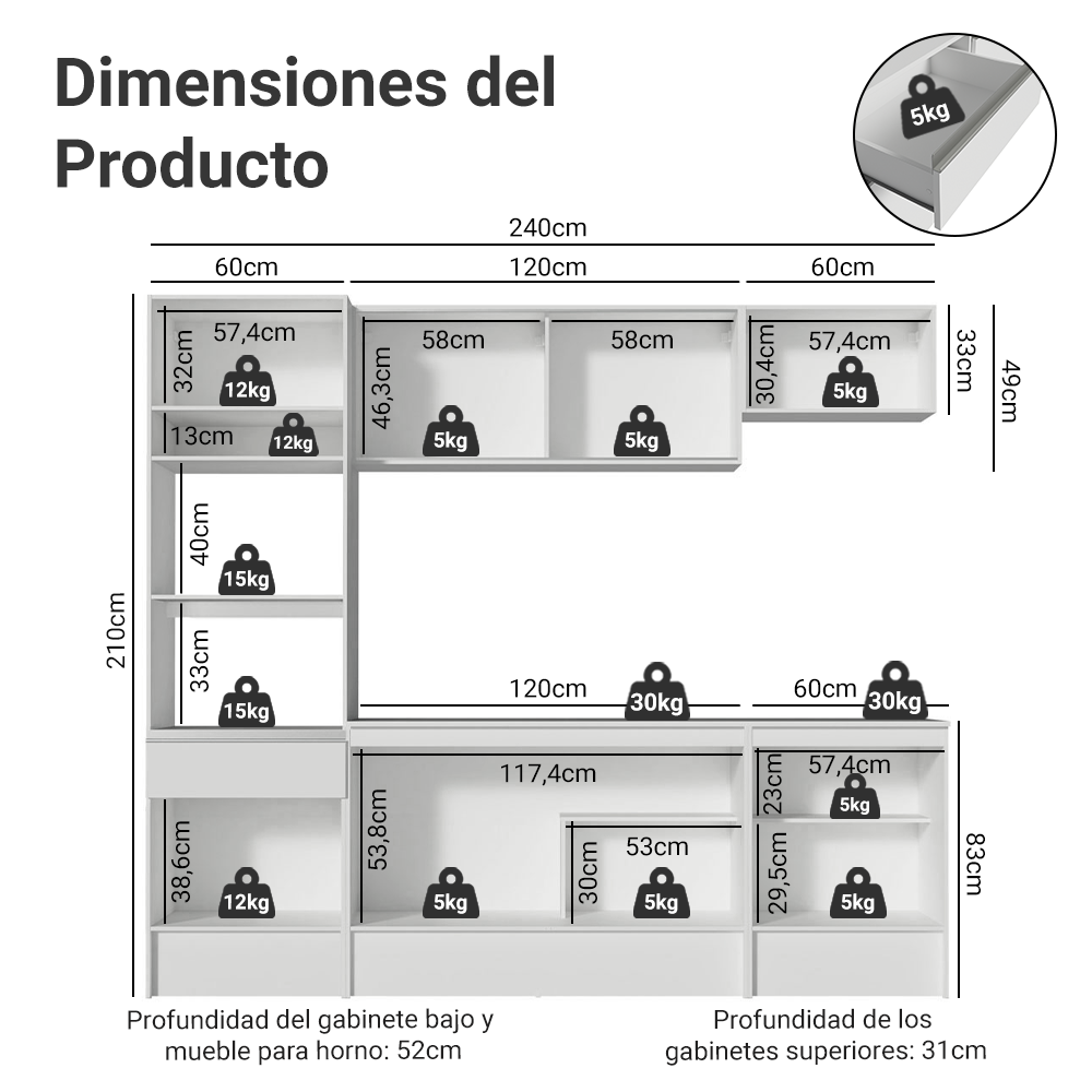 Cocina Integral 240cm Blanco Diamante