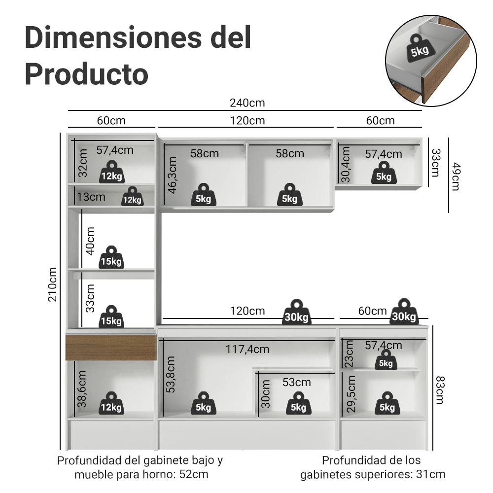 Cocina Compacta 240 x 52 cm 8 Puertas 1 Cajón con Mueble para Horno Blanco/Marrón Diamante Madesa