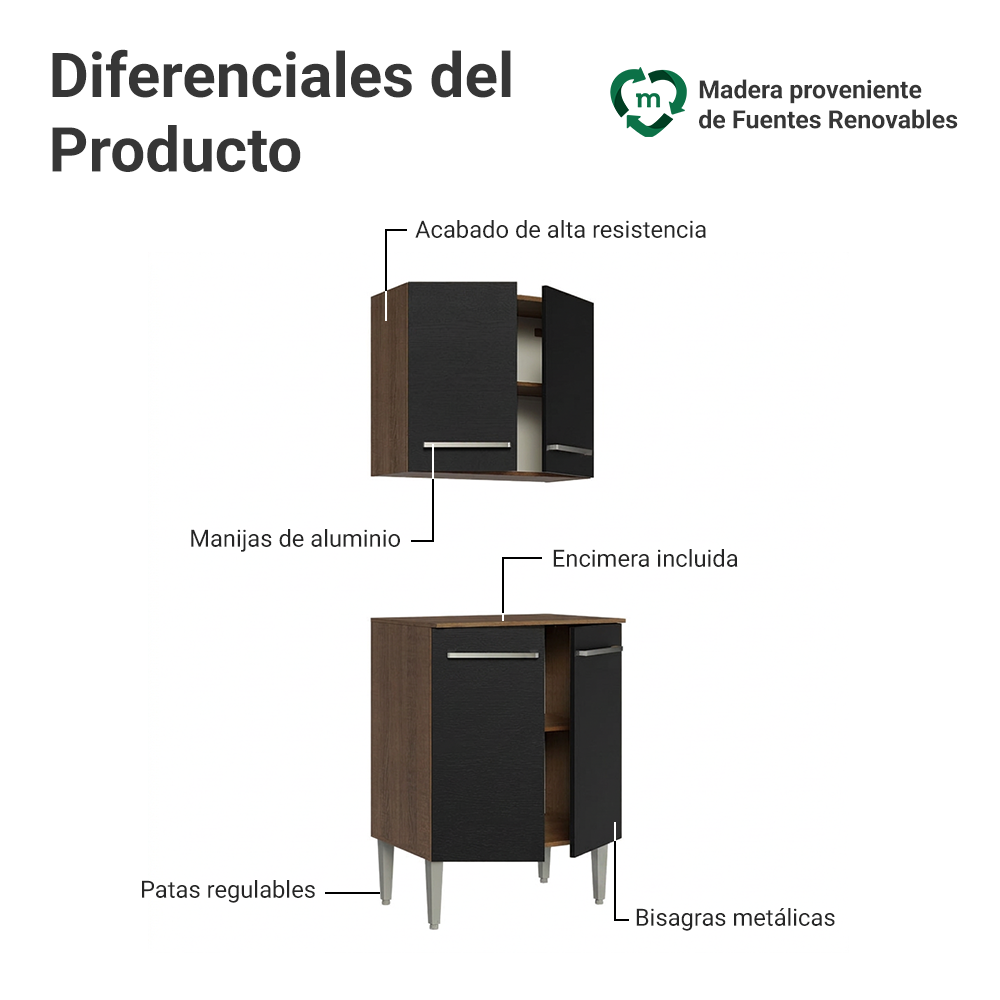 Kit con Gabinete Superior y Bajo 64cm Marrón/Negro Emilly