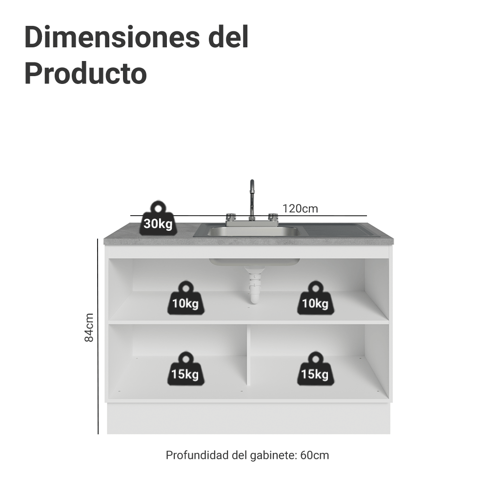 Gabinete Bajo para Fregadero con Accesorios de Cocina 120 x 60 cm 2 Puertas (Con Encimera) Glamy Blanco