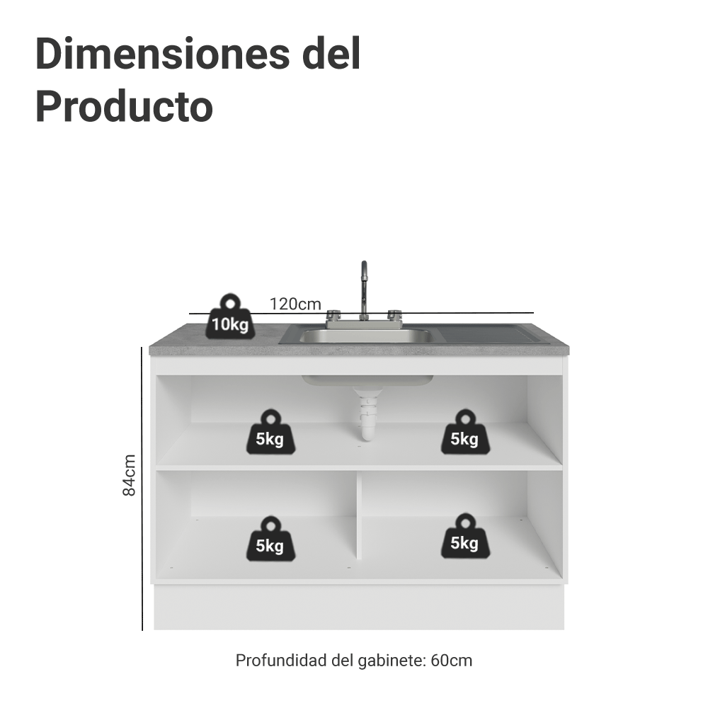 Gabinete Bajo para Fregadero con Accesorios de Cocina 120 x 60 cm 2 Puertas (Con Encimera) Agata Blanco/Crema
