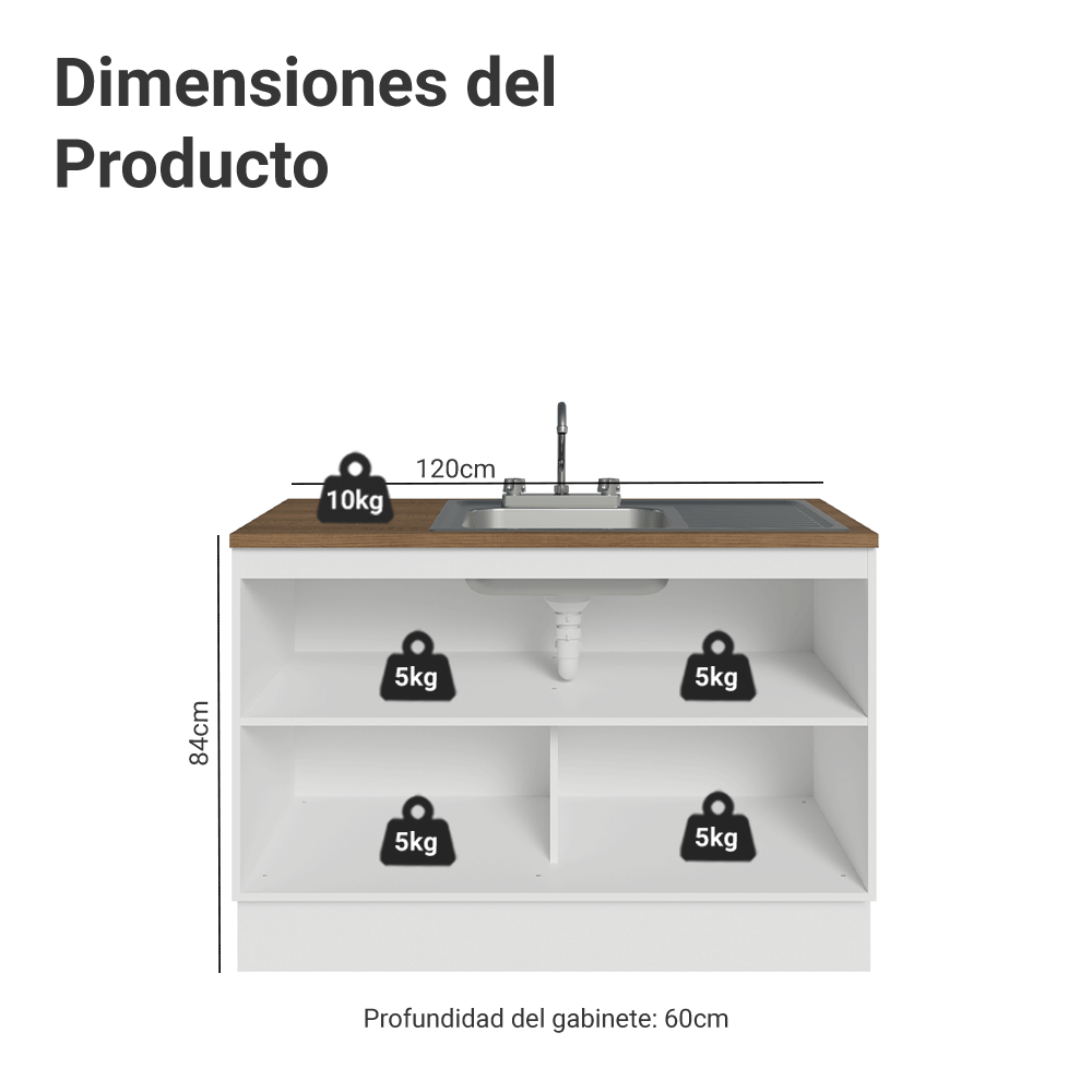 Gabinete Bajo para Fregadero con Accesorios de Cocina 120 cm 2 Puertas Blanco/Marrón Agata Madesa