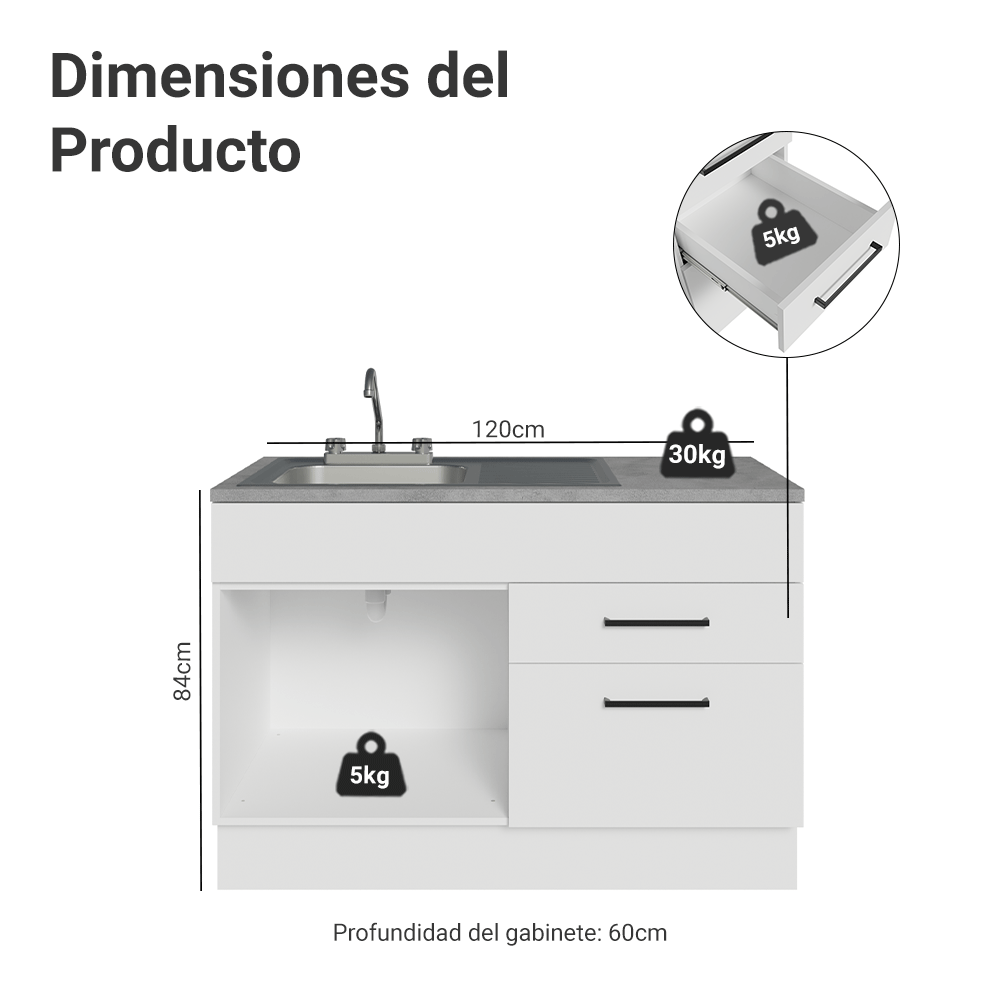 Gabinete Bajo para Fregadero con Accesorios de Cocina 120 cm 1 Puerta 2 Cajones Blanco Agata Madesa
