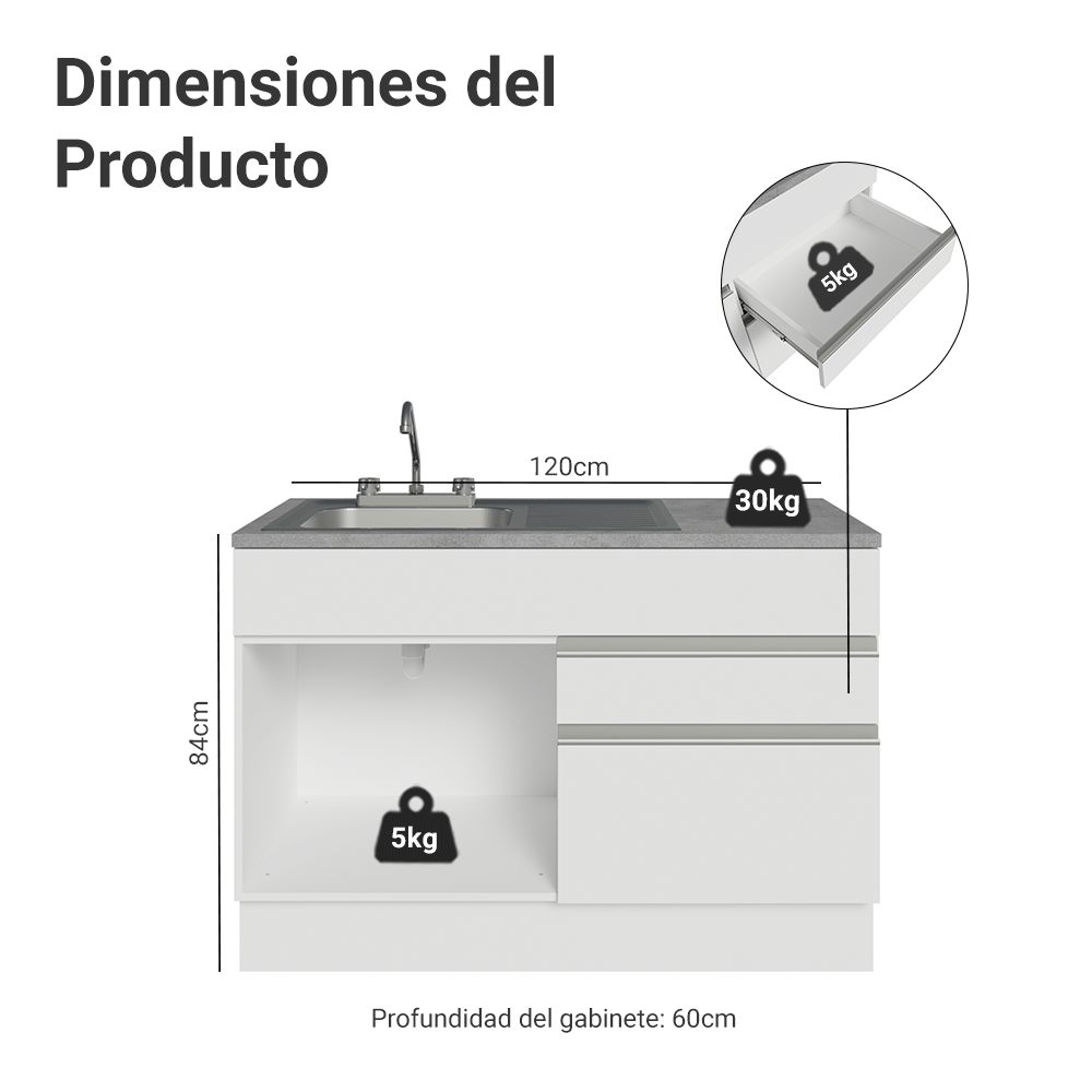 Gabinete Bajo para Fregadero con Accesorios de Cocina 120 cm 1 Puerta 2 Cajones Blanco Glamy Madesa