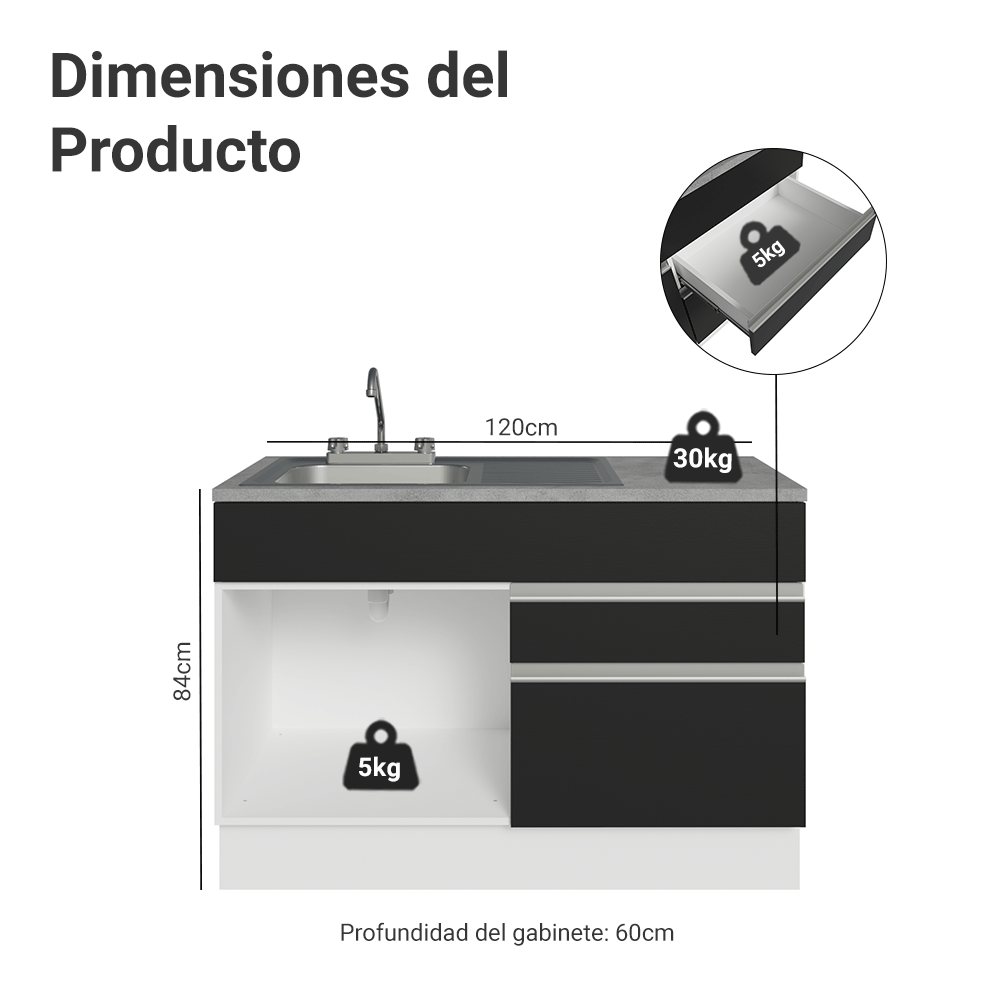 Gabinete Bajo para Fregadero con Accesorios de Cocina 120 x 60 cm 1 Puerta 2 Cajones (Con Encimera) Glamy Blanco/Negro