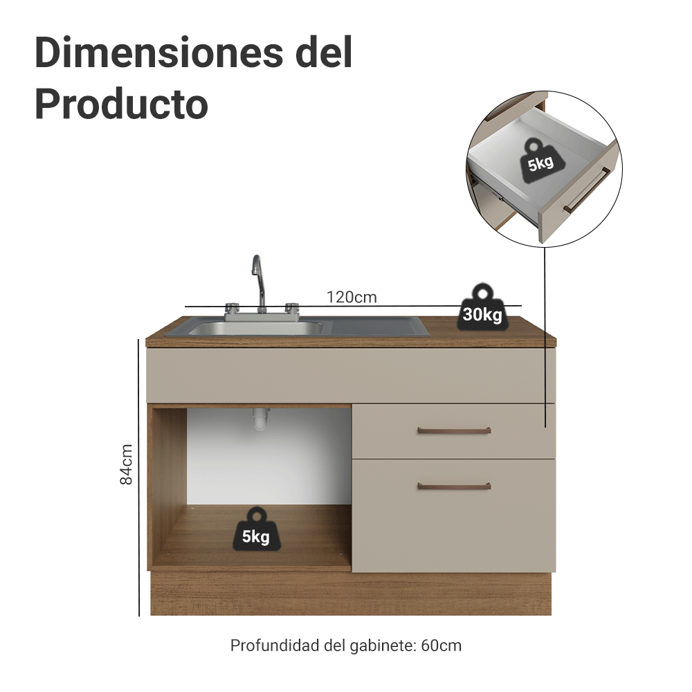 Gabinete Bajo para Fregadero con Accesorios de Cocina 120 cm 1 Puerta 2 Cajones Marrón/Crema Agata Madesa