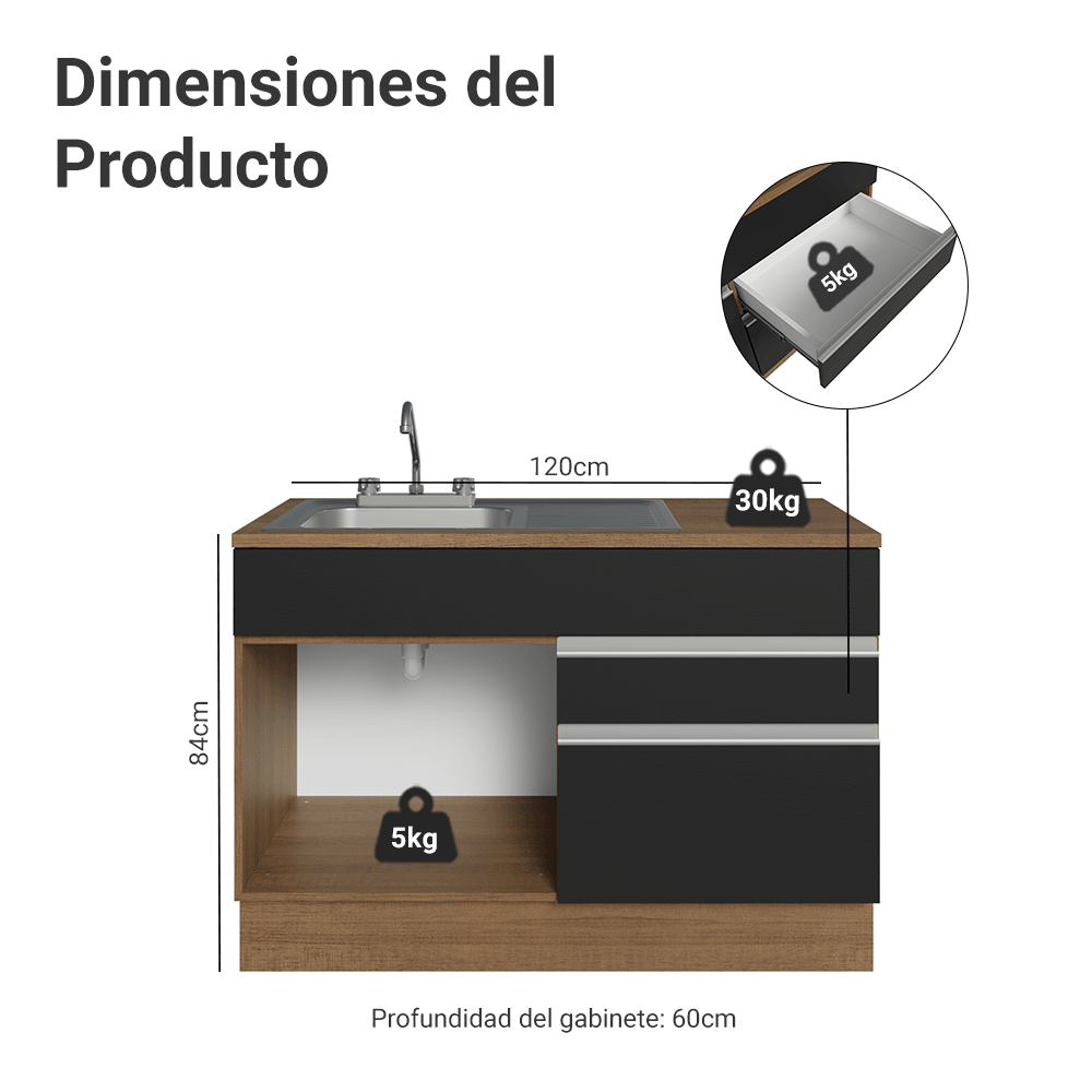 Gabinete Bajo para Fregadero con Accesorios de Cocina 120 x 60 cm 1 Puerta 2 Cajones (Con Encimera) Glamy Marrón/Negro