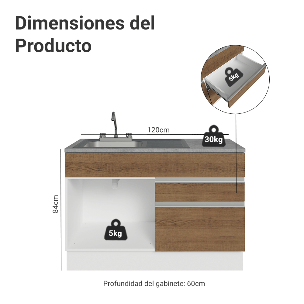 Gabinete Bajo para Fregadero con Accesorios de Cocina 120 cm 1 Puerta 2 Cajones Blanco/Marrón Glamy Madesa