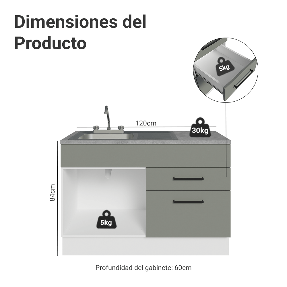 Gabinete Bajo para Fregadero con Accesorios de Cocina 120 cm 1 Puerta 2 Cajones Blanco/Gris Agata Madesa