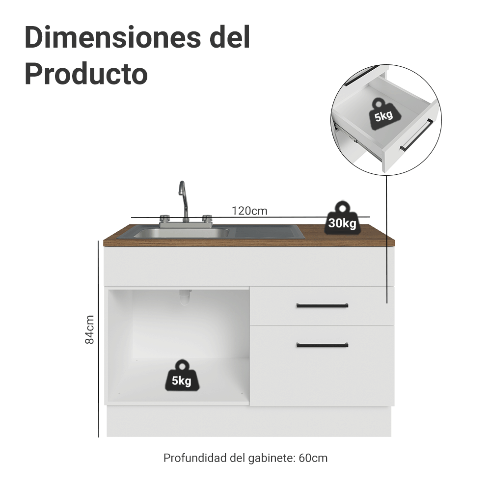 Mueble de Cocina con Fregadero 120 cm 1 Puerta y 2 Cajones Blanco/Marrón Agata