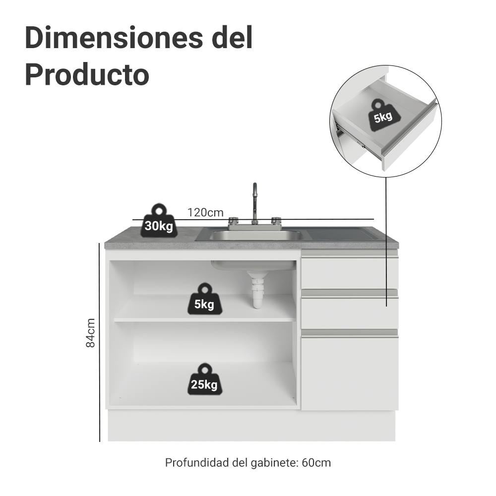 Gabinete Bajo para Fregadero con Accesorios de Cocina 120 x 60 cm 2 Puertas 3 Cajones (Con Encimera) Glamy Blanco
