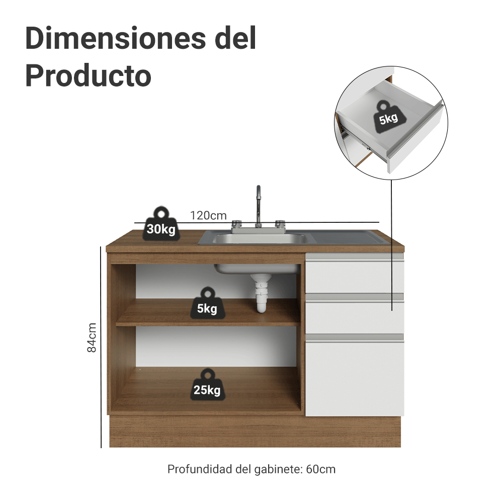 Gabinete Bajo para Fregadero con Accesorios de Cocina 120 x 60 cm 2 Puertas 3 Cajones (Con Encimera) Glamy Marrón/Blanco